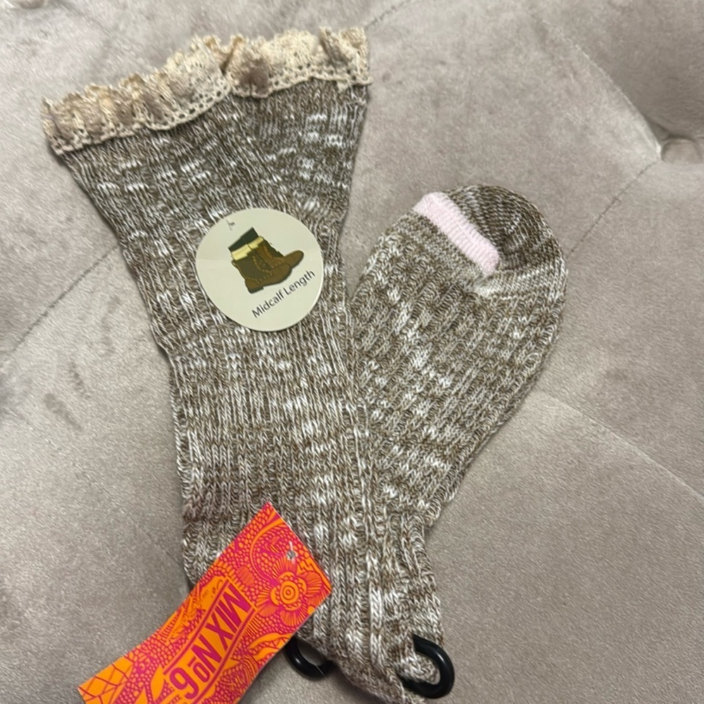 Crochet edge boot socks, light brown with cream lace, new